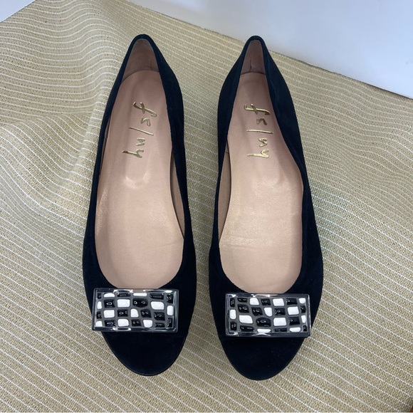 French Sole FS/NY Black ballet Flats with checkerboard buckle. - Picture 9 of 9